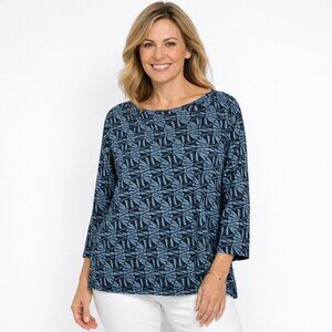 Fresh Produce Cotton Knit Top Women 1X Blue Geometric Print 3/4 Sleeve Coastal